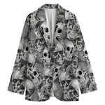 Monochrome Skull Flowers Pattern Print Women's Cotton Blazer