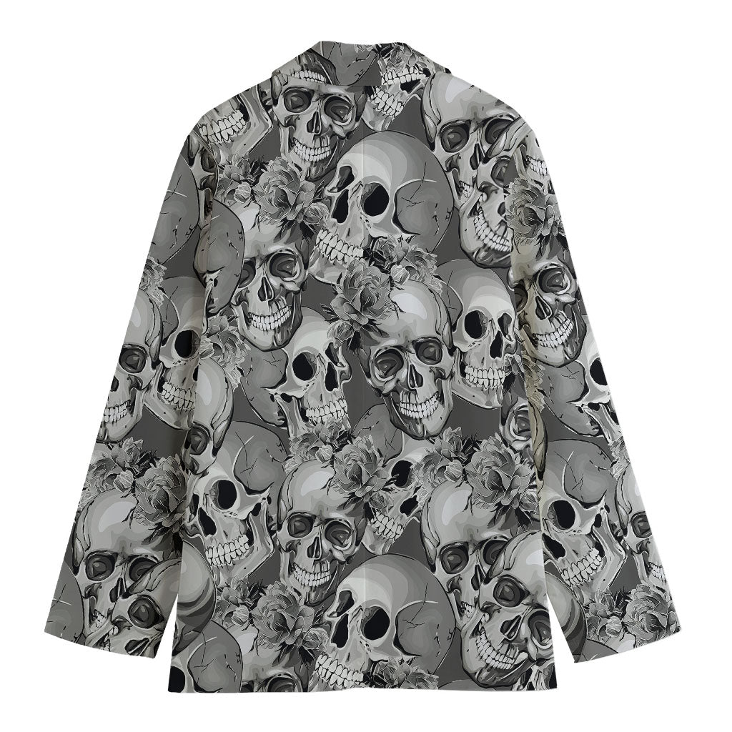 Monochrome Skull Flowers Pattern Print Women's Cotton Blazer