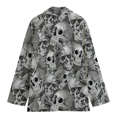 Monochrome Skull Flowers Pattern Print Women's Cotton Blazer