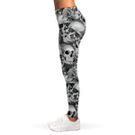 Monochrome Skull Flowers Pattern Print Women's Leggings