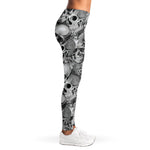 Monochrome Skull Flowers Pattern Print Women's Leggings