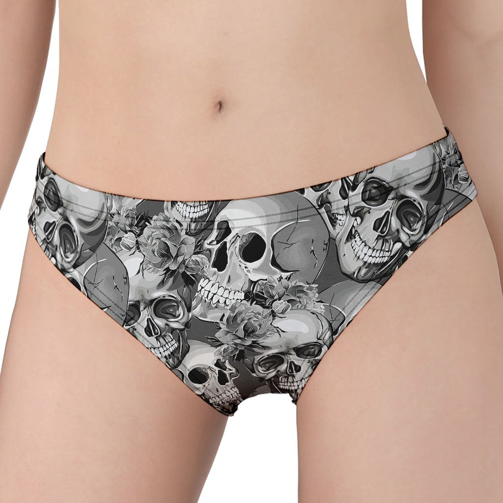 Monochrome Skull Flowers Pattern Print Women's Panties