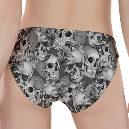 Monochrome Skull Flowers Pattern Print Women's Panties