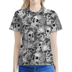Monochrome Skull Flowers Pattern Print Women's Polo Shirt