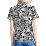 Monochrome Skull Flowers Pattern Print Women's Polo Shirt