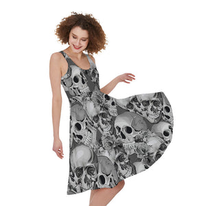 Monochrome Skull Flowers Pattern Print Women's Sleeveless Dress