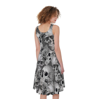 Monochrome Skull Flowers Pattern Print Women's Sleeveless Dress