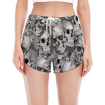 Monochrome Skull Flowers Pattern Print Women's Split Running Shorts