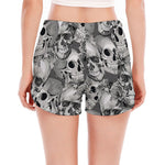 Monochrome Skull Flowers Pattern Print Women's Split Running Shorts