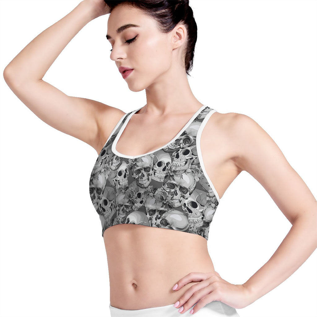 Monochrome Skull Flowers Pattern Print Women's Sports Bra