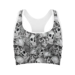 Monochrome Skull Flowers Pattern Print Women's Sports Bra