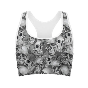 Monochrome Skull Flowers Pattern Print Women's Sports Bra