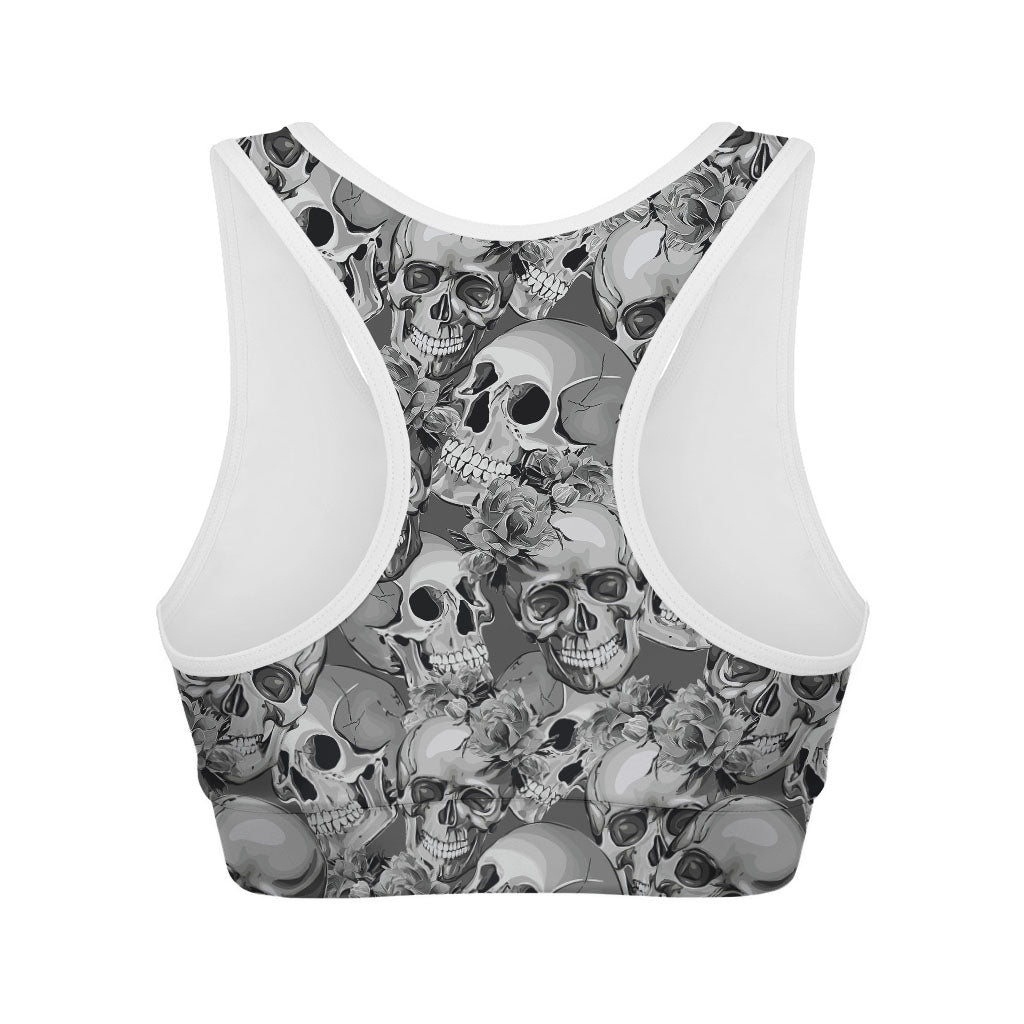 Monochrome Skull Flowers Pattern Print Women's Sports Bra