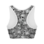 Monochrome Skull Flowers Pattern Print Women's Sports Bra