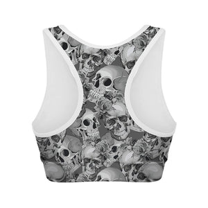 Monochrome Skull Flowers Pattern Print Women's Sports Bra