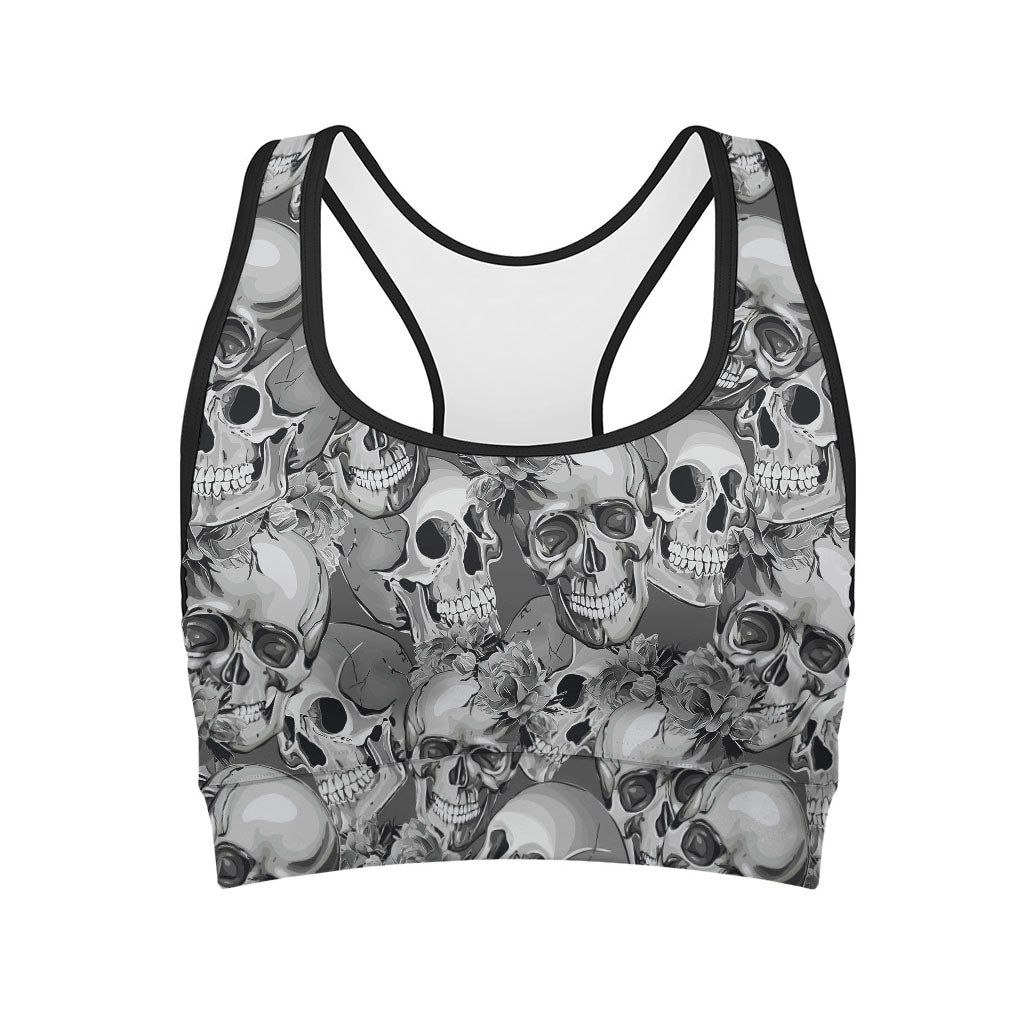 Monochrome Skull Flowers Pattern Print Women's Sports Bra