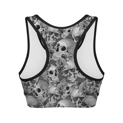 Monochrome Skull Flowers Pattern Print Women's Sports Bra