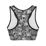 Monochrome Skull Flowers Pattern Print Women's Sports Bra