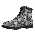 Monochrome Skull Flowers Pattern Print Padded Collar Lace Up Boots