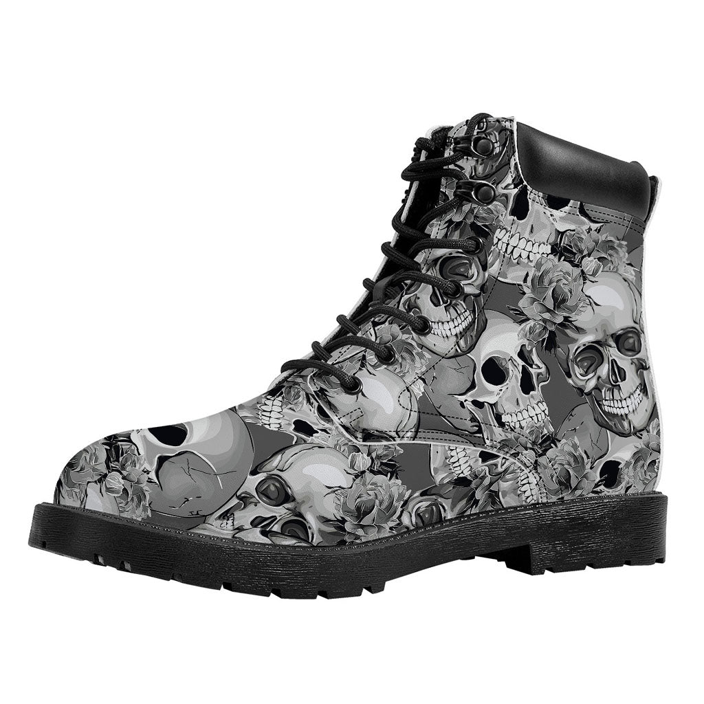 Monochrome Skull Flowers Pattern Print Work Boots