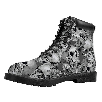 Monochrome Skull Flowers Pattern Print Work Boots