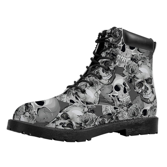 Monochrome Skull Flowers Pattern Print Work Boots