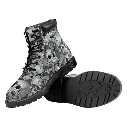 Monochrome Skull Flowers Pattern Print Work Boots