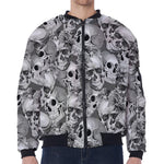 Monochrome Skull Flowers Pattern Print Zip Sleeve Bomber Jacket