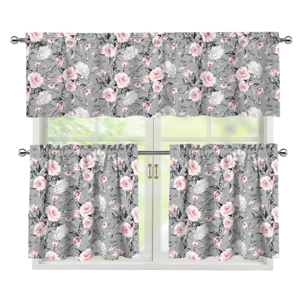 Monochrome Spring Floral Print 3 Piece Kitchen Curtains
