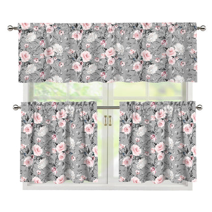 Monochrome Spring Floral Print 3 Piece Kitchen Curtains