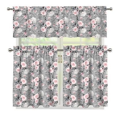 Monochrome Spring Floral Print 3 Piece Kitchen Curtains