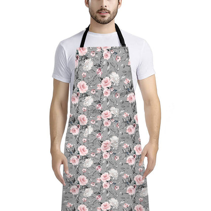 Monochrome Spring Floral Print Bib Apron With Pocket