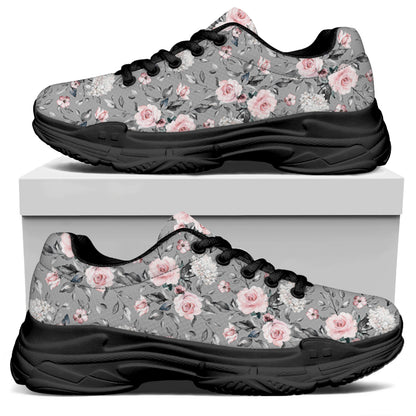 Monochrome Spring Floral Print Black Chunky Shoes