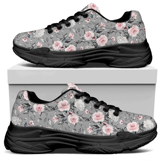 Monochrome Spring Floral Print Black Chunky Shoes