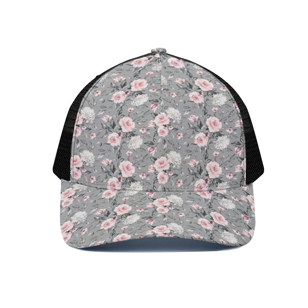 Monochrome Spring Floral Print Black Mesh Trucker Cap