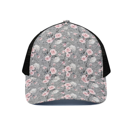 Monochrome Spring Floral Print Black Mesh Trucker Cap