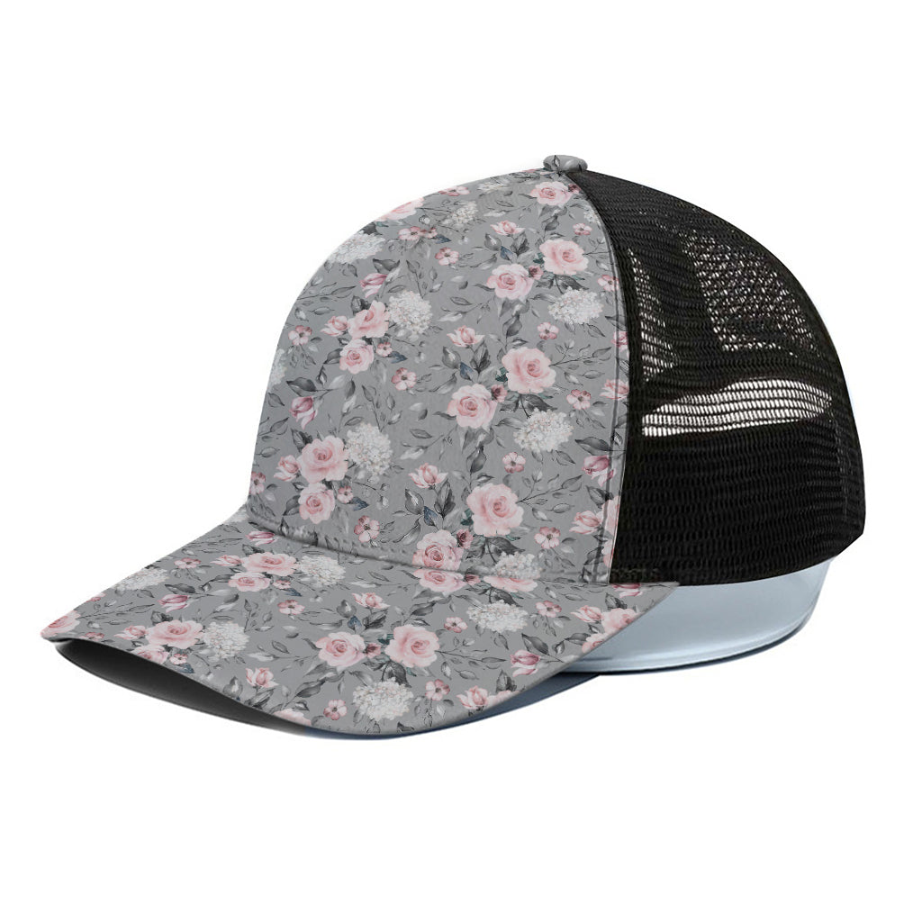 Monochrome Spring Floral Print Black Mesh Trucker Cap