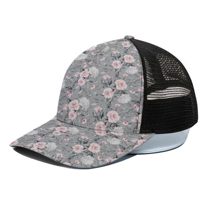 Monochrome Spring Floral Print Black Mesh Trucker Cap
