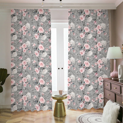 Monochrome Spring Floral Print Blackout Pencil Pleat Curtains