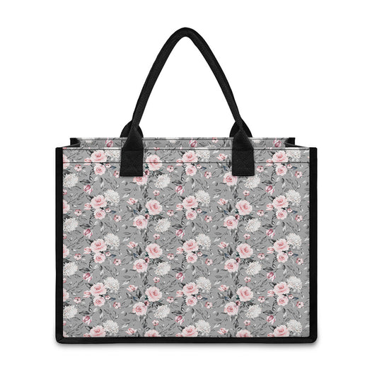 Monochrome Spring Floral Print Canvas Tote Bag