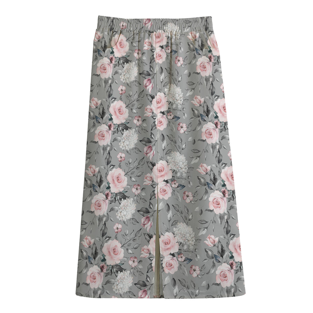 Monochrome Spring Floral Print Cotton Front Slit Maxi Skirt