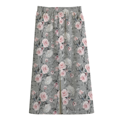Monochrome Spring Floral Print Cotton Front Slit Maxi Skirt