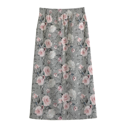 Monochrome Spring Floral Print Cotton Front Slit Maxi Skirt