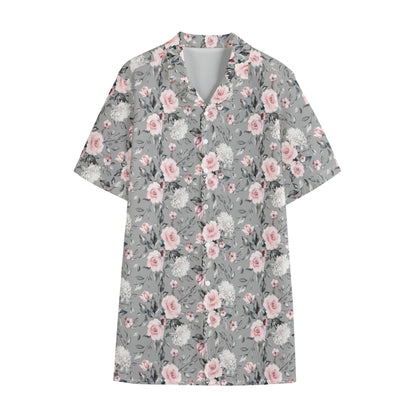 Monochrome Spring Floral Print Cotton Hawaiian Shirt