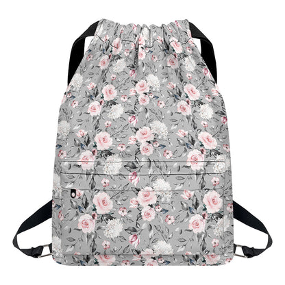 Monochrome Spring Floral Print Drawstring Backpack