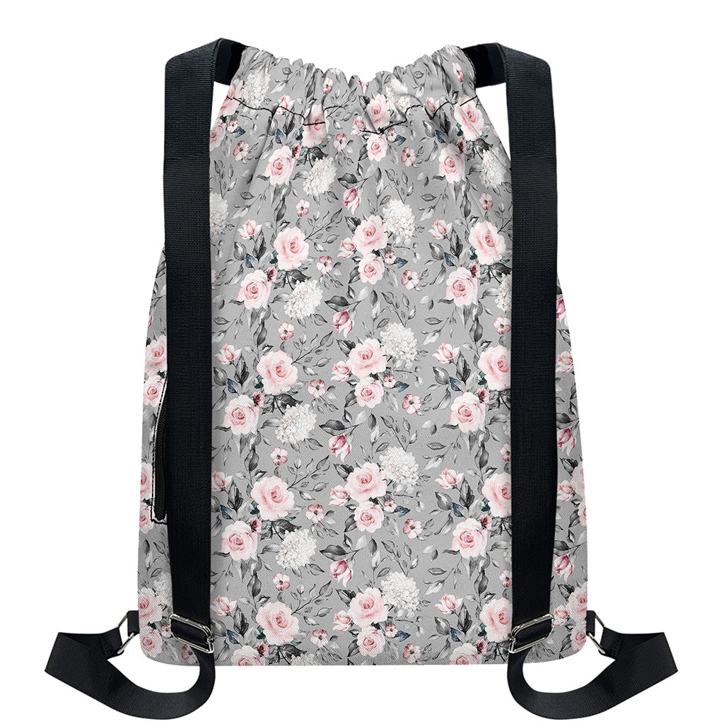 Monochrome Spring Floral Print Drawstring Backpack