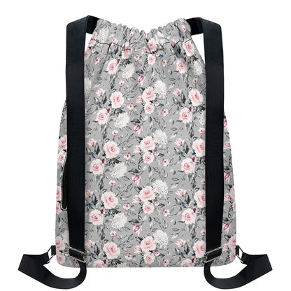 Monochrome Spring Floral Print Drawstring Backpack