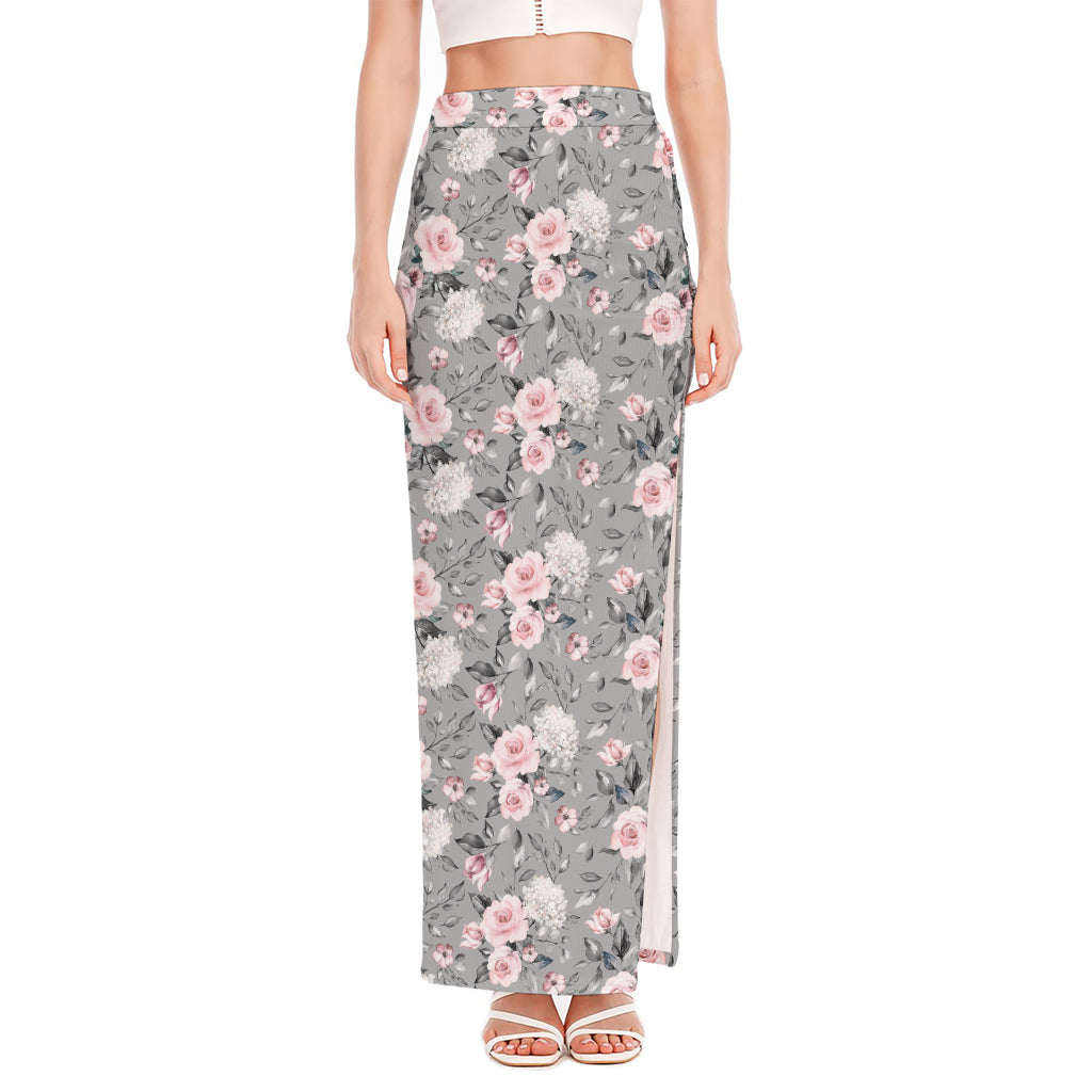 Monochrome Spring Floral Print High Slit Maxi Skirt