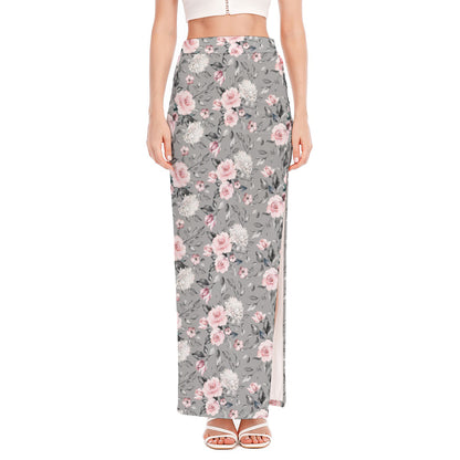 Monochrome Spring Floral Print High Slit Maxi Skirt