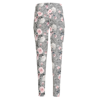Monochrome Spring Floral Print High-Waisted Pocket Leggings